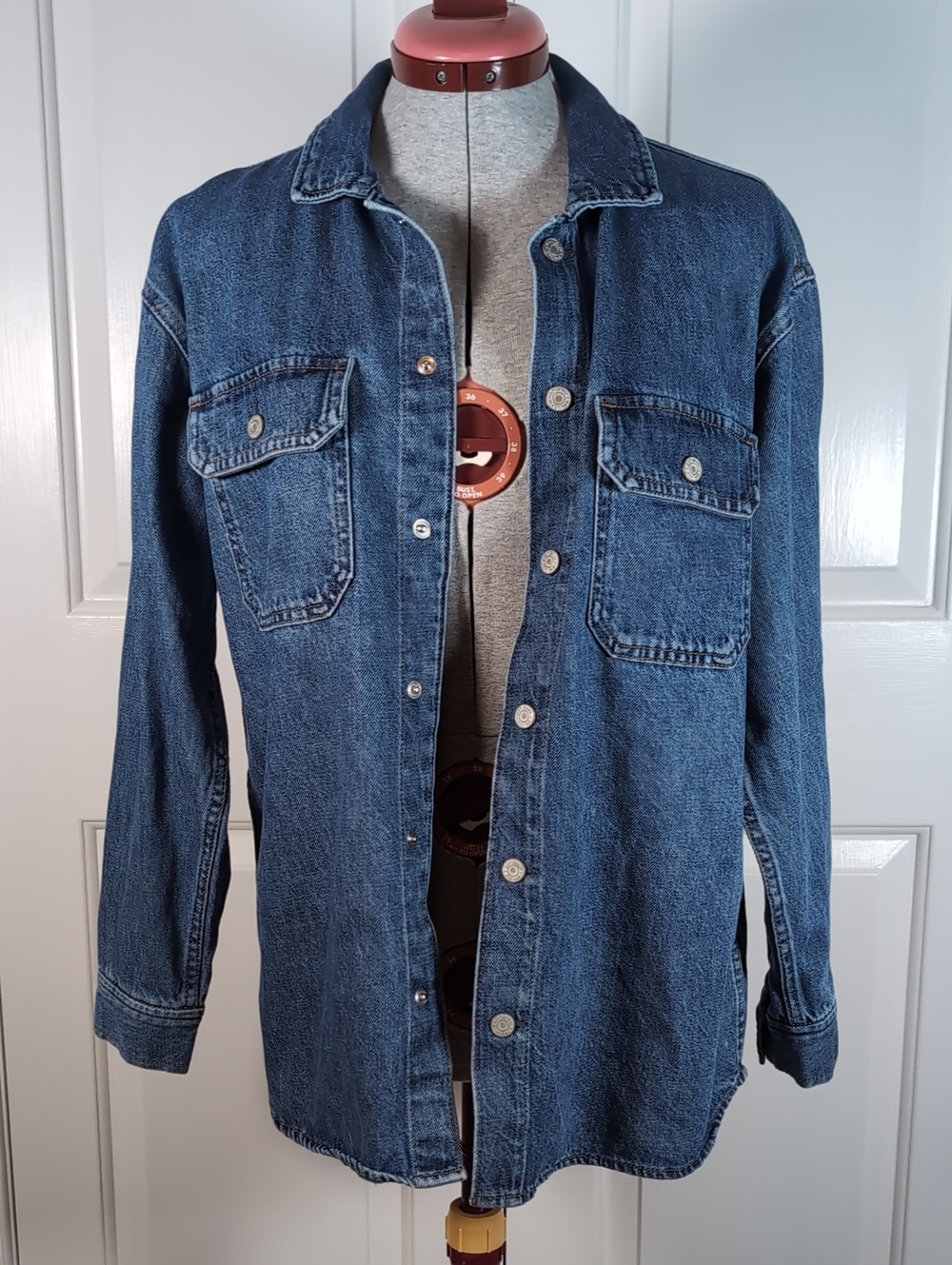 Oversized Denim Shacket Medium Wash Utility Jean Shirt Jacket Women Small XS